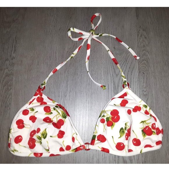 Vintage Red Cherries Cherry Fruit White String Bikini Top Size Large Retro Swim - Picture 1 of 4